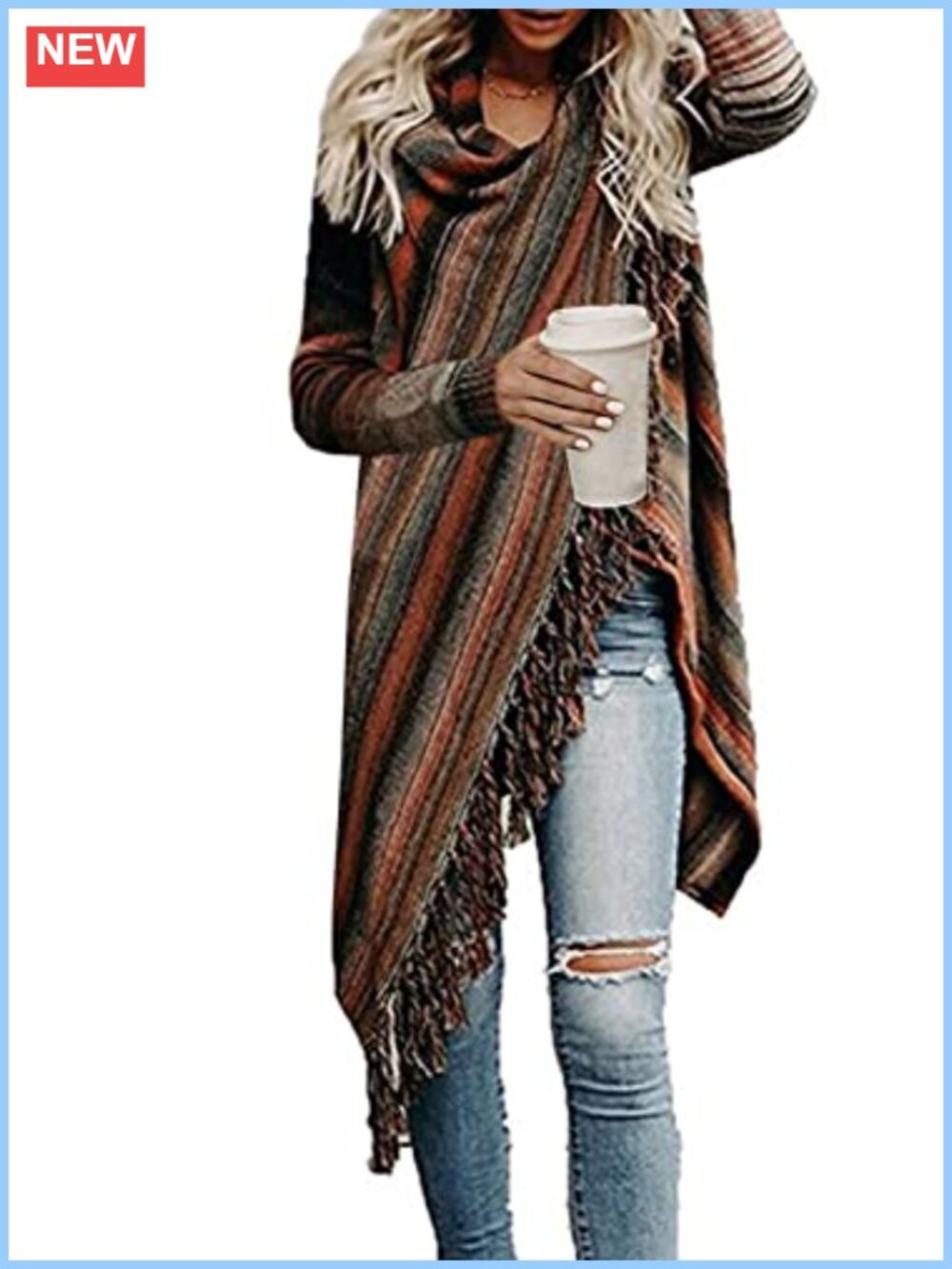 Acrylic Open Front Speckled Fringe Tassel Hem Cardigan Sweater